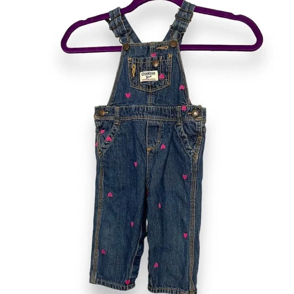 Oshkosh B'gosh Bib Overalls Baby Girls 12 Months Embroidered Hearts Adjustable